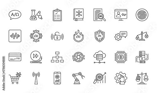 Artificial intelligence line icon set. Vector pictograms of AI brain chip, data transfer, cybersecurity, machine learning, and automation, thin linear illustration.