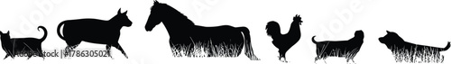 Farm animal silhouettes, cat, cow, horse, rooster, duck, pig, dog, black shapes, rural scene, domestic animals, silhouette illustration