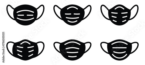 Line Art Six Black Face Masks With White Background For Safety
