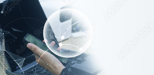 Internet network technology, digital software development, future tech background, IoT concept. Man using digital mobile phone and laptop with global network connection, computer code.