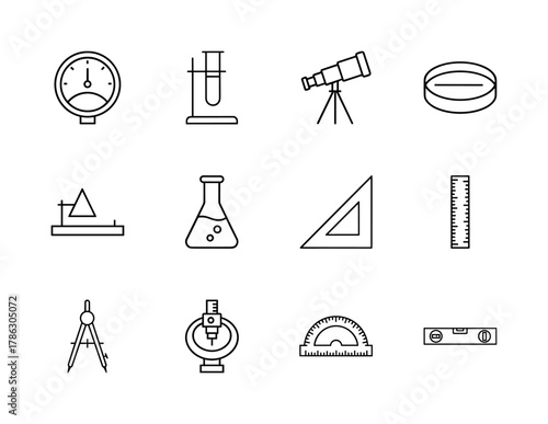Science and engineering line icon set. Vector pictograms of lab glassware, optical instruments, gauges, rulers, compass, and level, thin linear illustration.