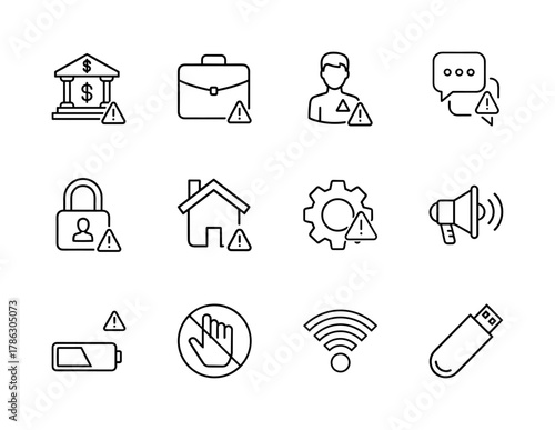 Warning and error line icon set. Vector pictograms of bank, briefcase, user, chat, security, home, settings, and low battery, thin linear illustration.