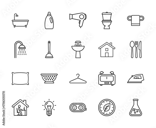 Household and daily life line icon set. Vector pictograms of bathtub, toilet, shower, sink, house, cutlery, iron, light bulb, and a beaker, thin linear illustration.