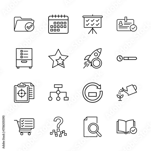 Business management line icon set. Vector pictograms of folder, calendar, presentation, ID, cabinet, star, rocket, timer, growth, cart, query, search, and book, thin linear illustration.