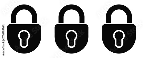 Three black padlock icons in a row, isolated on a white background for design