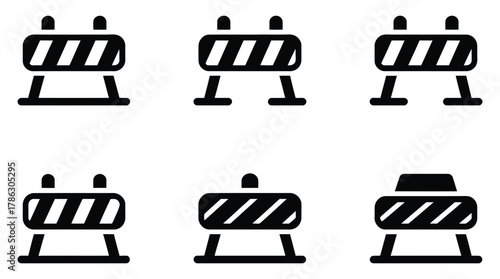 Six Black And White Icons Depicting Different Styles Of Traffic Barriers Or Roadblocks