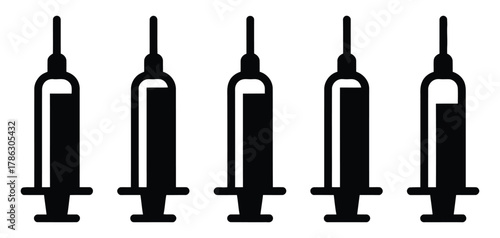 Five black syringe icons in a row on white background with varying fill levels