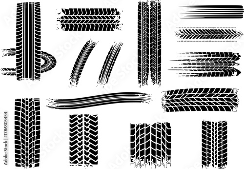 Tire tread marks, drift, motorsport, motocross, rally, tread mark with skid, grinding, splash effect. Graphic set of tire treads, wheel texture, car racing. Vector collection, wheel treads on asphalt