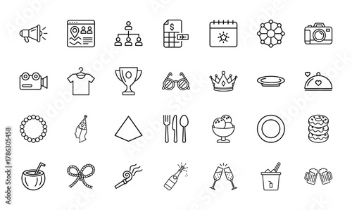Celebration and event planning line icon set. Vector pictograms of megaphone, map, calendar, camera, trophy, crown, party hat, champagne, ice cream, and donuts, thin linear illustration.