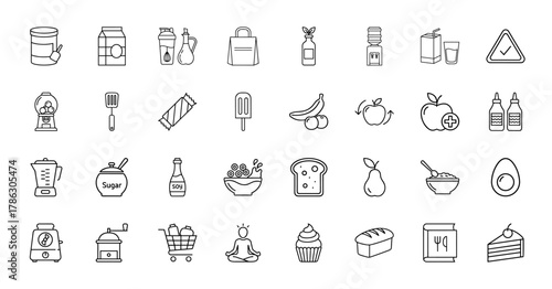 Food and kitchen line icon set. Vector pictograms of milk, blender, fruits, bread, sugar, shopping cart, and cooking items, thin linear illustration.