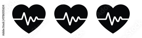 Three Black Heart Icons with White Heartbeat Lines on a Clean White Background