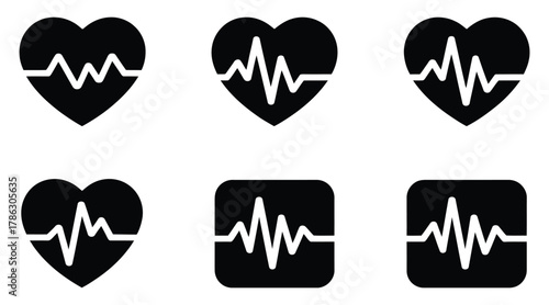 Black Heartbeat Icons Medical Heart Rate, Cardiogram Symbol on White Background Collection