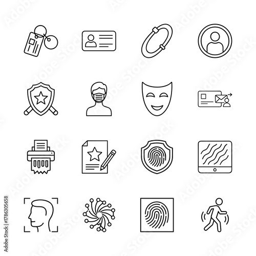 Security and privacy line icon set. Vector pictograms of identification cards, user profiles, biometric authentication, data protection shields, and face recognition, thin linear illustration.