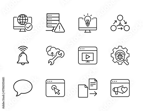 Digital services line icon set. Vector pictograms of global networks, server issues, creative ideas, data processes, notifications, cloud computing, and web marketing, thin linear illustration.