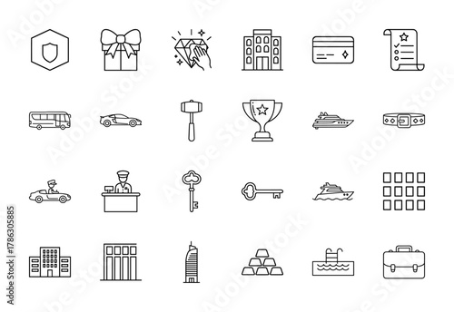 Luxury and wealth line icon set. Vector pictograms of security shield, diamond, credit card, trophy, sports car, yacht, gold bars, and briefcase, thin linear illustration.