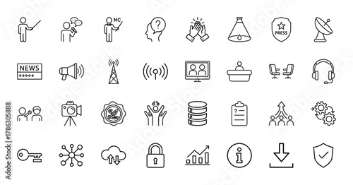 Communication and media line icon set. Vector pictograms of presenter, news, megaphone, press, camera, headphones, data, security, and graph, thin linear illustration.