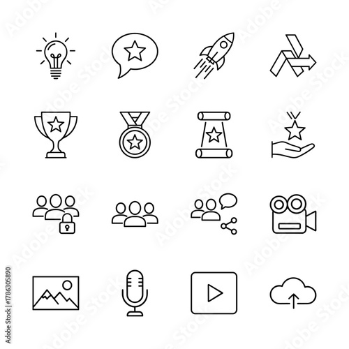 Digital business and social media line icon set. Vector pictograms of idea, rocket, trophy, medal, team, video, microphone, and cloud, thin linear illustration.