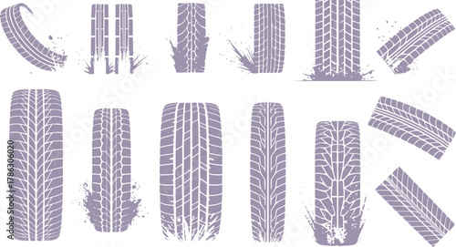 Tire tread marks, drift, motorsport, motocross, rally, tread mark with skid, grinding, splash effect. Graphic set of tire treads, wheel texture, car racing. Vector collection, wheel treads on asphalt