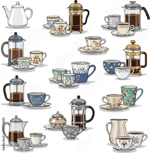 kinds of different stylish coffee sets vector art with white background.