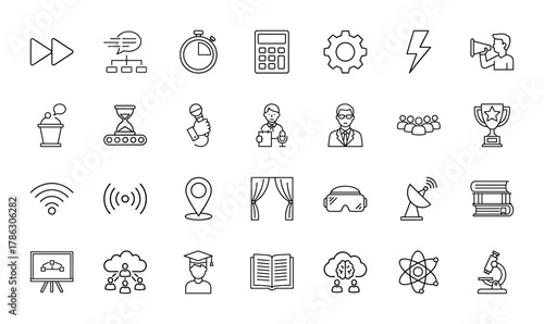 Business, technology, and education line icon set. Vector pictograms of flowchart, calculator, gear, megaphone, presenter, trophy, wifi, books, and microscope, thin linear illustration.