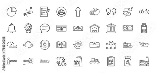 Business, e-commerce, and logistics line icon set. Vector pictograms of charts, documents, money, shopping, warehousing, shipping, and industry, thin linear illustration.