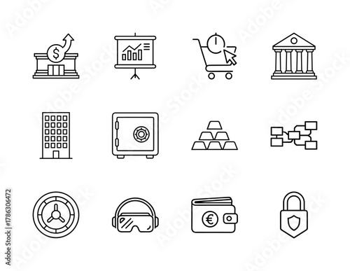 Financial and business line icon set. Vector pictograms of bank, chart, shopping cart, building, safe, gold, diagram, roulette, VR, wallet, and lock, thin linear illustration.