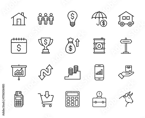 Business and finance line icon set. Vector pictograms of house, money bag, calendar, calculator, smartphone, shopping cart, oil barrel, and bull head, thin linear illustration.