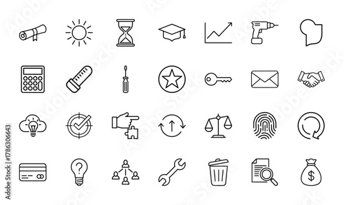 General business line icon set. Vector pictograms of diploma, sun, hourglass, graduation cap, chart, drill, calculator, key, scales, fingerprint, credit card, and money bag, thin linear illustration.