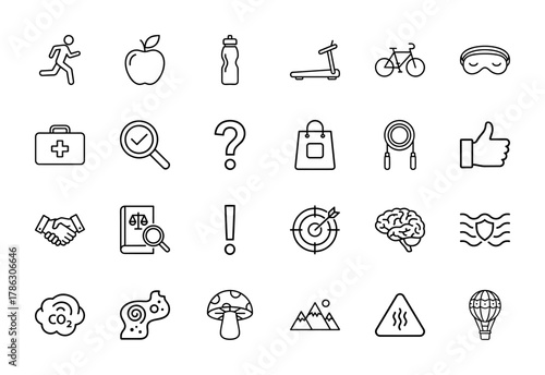 Health, fitness, and concept line icon set. Vector pictograms of runner, apple, treadmill, bicycle, first aid, target, brain, mountains, thin linear illustration.