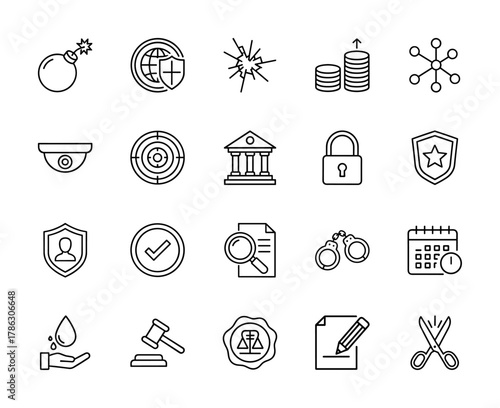Security, law, and justice icon set. Vector pictograms of legal processes, crime prevention, surveillance, protection, and finance, thin linear illustration.