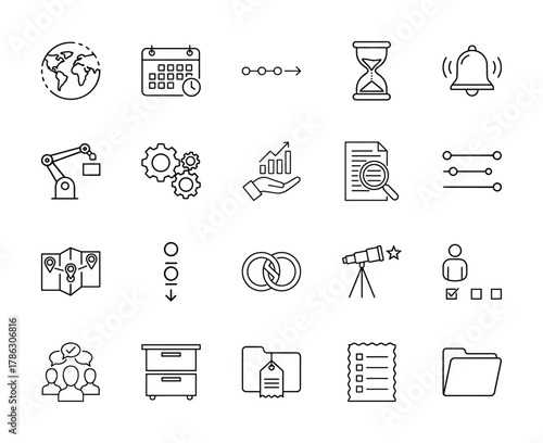 Business and technology line icon set. Vector pictograms of globe, calendar, robotic arm, gears, growth chart, document search, and map pins, thin linear illustration.