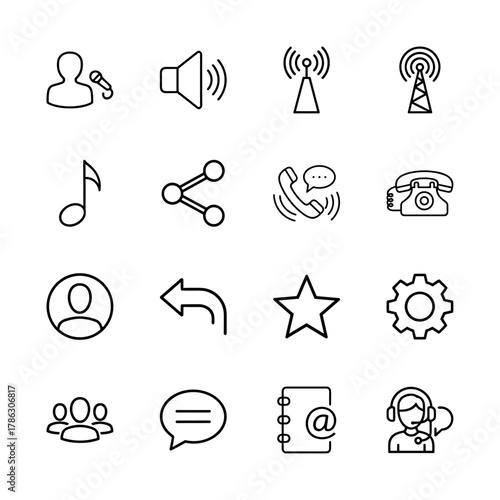 Communication and technology line icon set. Vector pictograms of microphone user, speaker, signal tower, user profile, group of users, chat, and support agent, thin linear illustration.