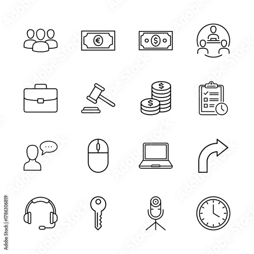 Business and finance line icon set. Vector pictograms of teamwork, currency, legal gavel, clipboard, laptop, and communication, thin linear illustration.
