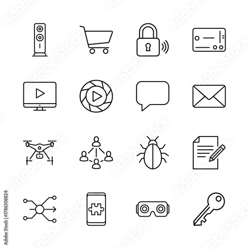 Technology and internet line icon set. Vector pictograms of speaker, shopping cart, padlock, monitor, drone, bug, smartphone, and VR headset, thin linear illustration.