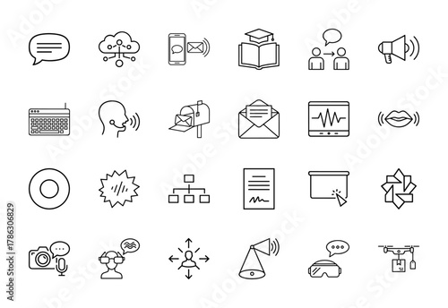 Communication technology line icon set. Vector pictograms of chat, cloud network, smartphone message, book, megaphone, mailbox, envelope, document, camera, drone, thin linear illustration.