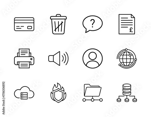 Technology and business line icon set. Vector pictograms of credit card, document, printer, user, global network, cloud, security, database, thin linear illustration.