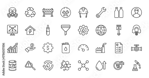 Industrial and chemical line icon set. Vector pictograms of a gas mask, recycle symbol, hard hat, factory, oil barrel, chemical structure, checklist, and a valve, thin linear illustration.