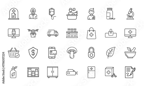 Pharmacy, medical, and delivery line icon set. Vector pictograms of medical record, IV drip, pharmacist, microscope, shopping bag, test tubes, payment, prescription, thin linear illustration.