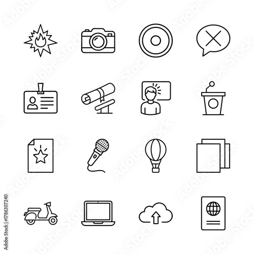 Communication and education line icon set. Vector pictograms of camera, diploma, presenter, microphone, laptop, hot air balloon, and passport, thin linear illustration.