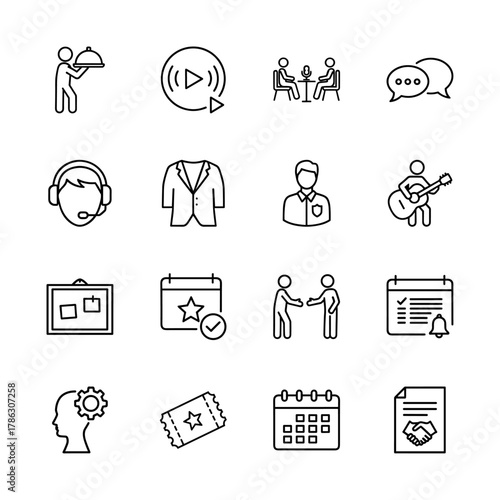 Service, business, and event line icon set. Vector pictograms of waiter, podcast, chat, support, musician, calendar, handshake, and ticket, thin linear illustration.