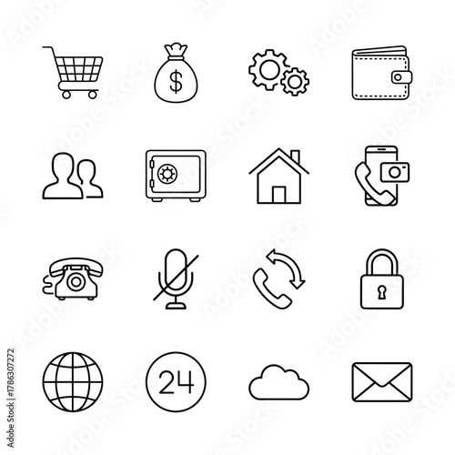 Universal interface and business line icon set. Vector pictograms of shopping cart, money bag, gears, wallet, users, home, phone, padlock, globe, and cloud, thin linear illustration.