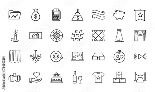 Diverse business, lifestyle, and event line icon set. Vector pictograms of folder, money bag, POS terminal, piggy bank, candle, laptop, cake, and red carpet, thin linear illustration.
