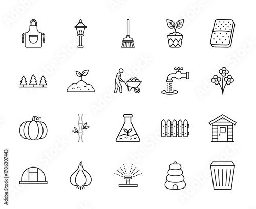 Gardening line icon set. Vector pictograms of apron, lamp, broom, seedling, wheelbarrow, faucet, flowers, pumpkin, fence, shed, garlic, linear illustration.