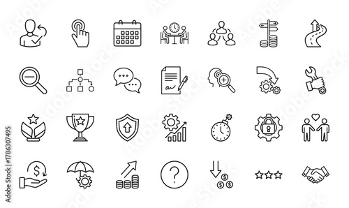 Business management line icon set. Vector pictograms of user profile, calendar, meeting, teamwork, strategy, growth, document, money, security, and handshake, thin linear illustration.