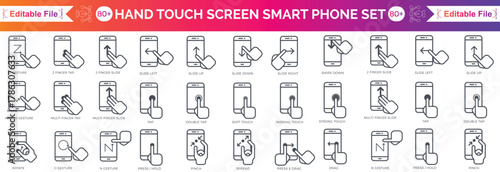 Hand holding mobile phone horizontally and vertically with blank screen illustration vector icons set line editable stroke. Outline style different gesture hands is touching smartphone display
