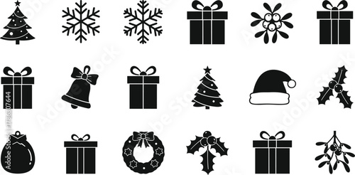 Black Christmas icons set with tree, gift, snowflake, wreath, hat, holly, bell, and mistletoe, festive vector illustration