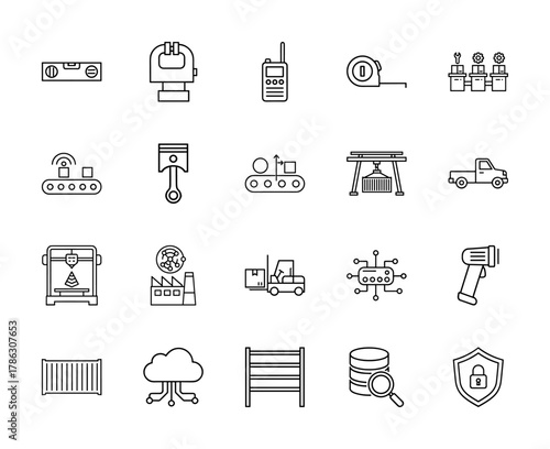 Industrial automation and smart factory line icon set. Vector pictograms of conveyor belt, 3D printer, forklift, factory, cloud network, database, and security shield, thin linear illustration.