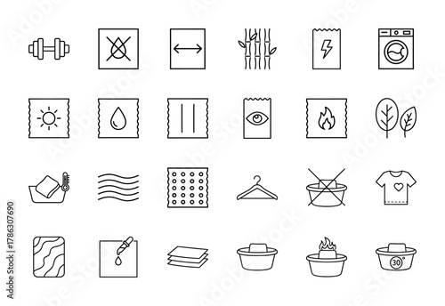 Textile care and fabric properties line icon set. Vector pictograms of washing machine, wash tub, sun, water droplet, flame, hanger, and material characteristics, thin linear illustration.