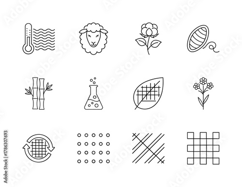 Textile materials line icon set. Vector pictograms of thermometer, sheep, cotton, silk, bamboo, flask, and fabric textures, thin linear illustration.