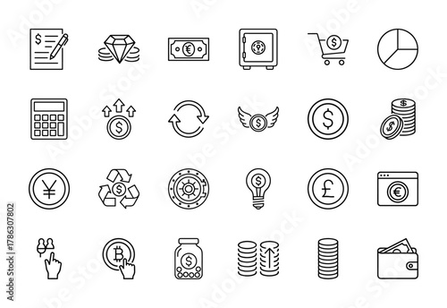 Finance line icon set. Vector pictograms of document, diamond, banknote, safe, shopping cart, pie chart, calculator, coins, and wallet, thin linear illustration.
